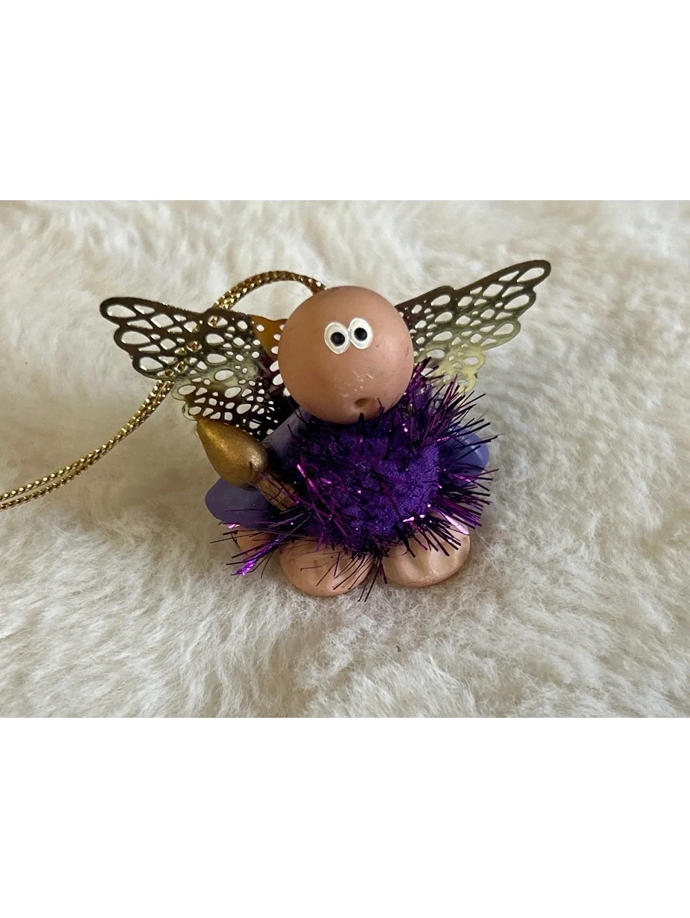 Handcrafted Angel Pendant Ornament with Purple Tinsel Dress and Gold Wings